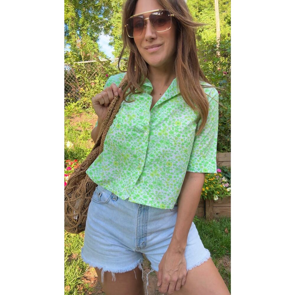 Cropped Cotton Button-Up in Citrus Bloom Mod 60s Retro Vintage Reworked
